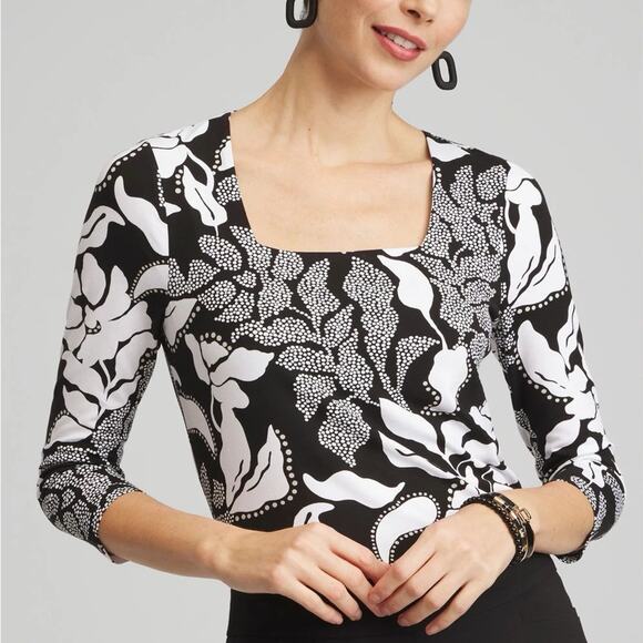 Chico’s Touch of Cool Black and White Floral Square Neck Tee - Size 3 (XL) - Picture 1 of 8